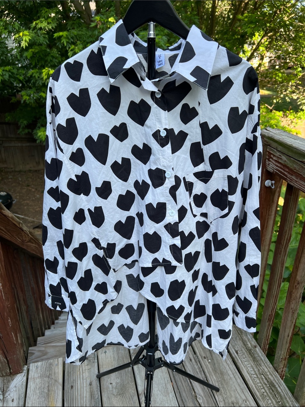 Simply Vanite Black White Print asymmetrical Button-Up Shirt